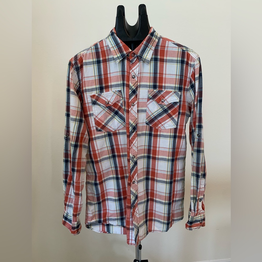 SKULLY Shirt Mens Medium‎ Red Snap Button Down Long Sleeve Plaid Western Cowboy